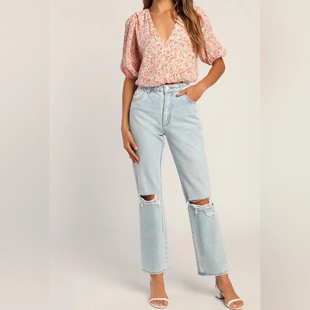 NWT Lush Flirty Pink Floral Crinkle Surplice Half Sleeve V Neck Crop Top | S - Picture 11 of 11